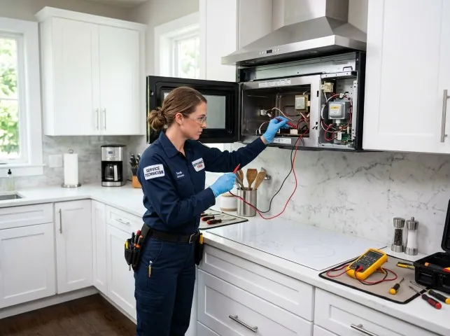 Appliance Repair Hero technician testing an over-the-range microwave in a Berkeley Heights, NJ kitchen